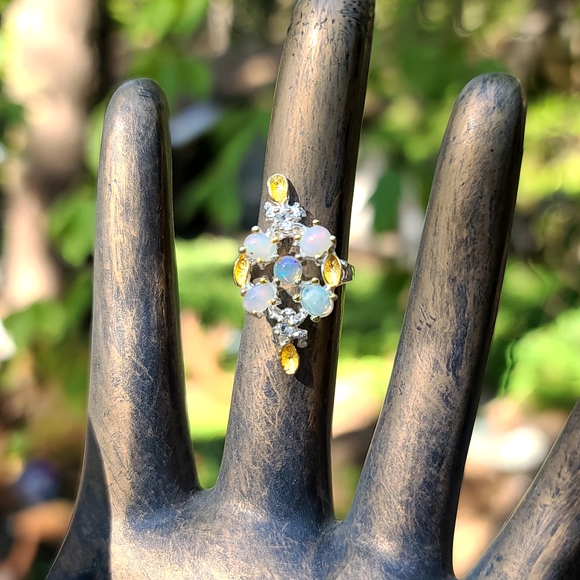 STUNNING 5 Opal 4k each & Topaz Sterling & Gold ring sz6.5 - Picture 5 of 6